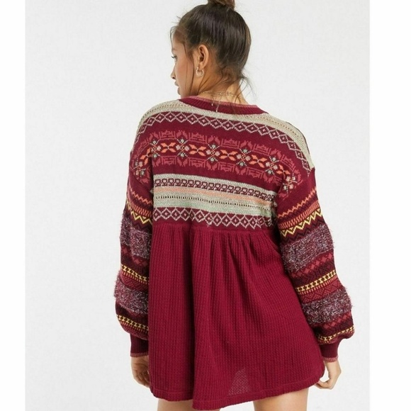 NEW Free People Fair Isle Cozy Cottage Sweater M Pullover Tunic Bell Sleeves Top - Picture 5 of 16